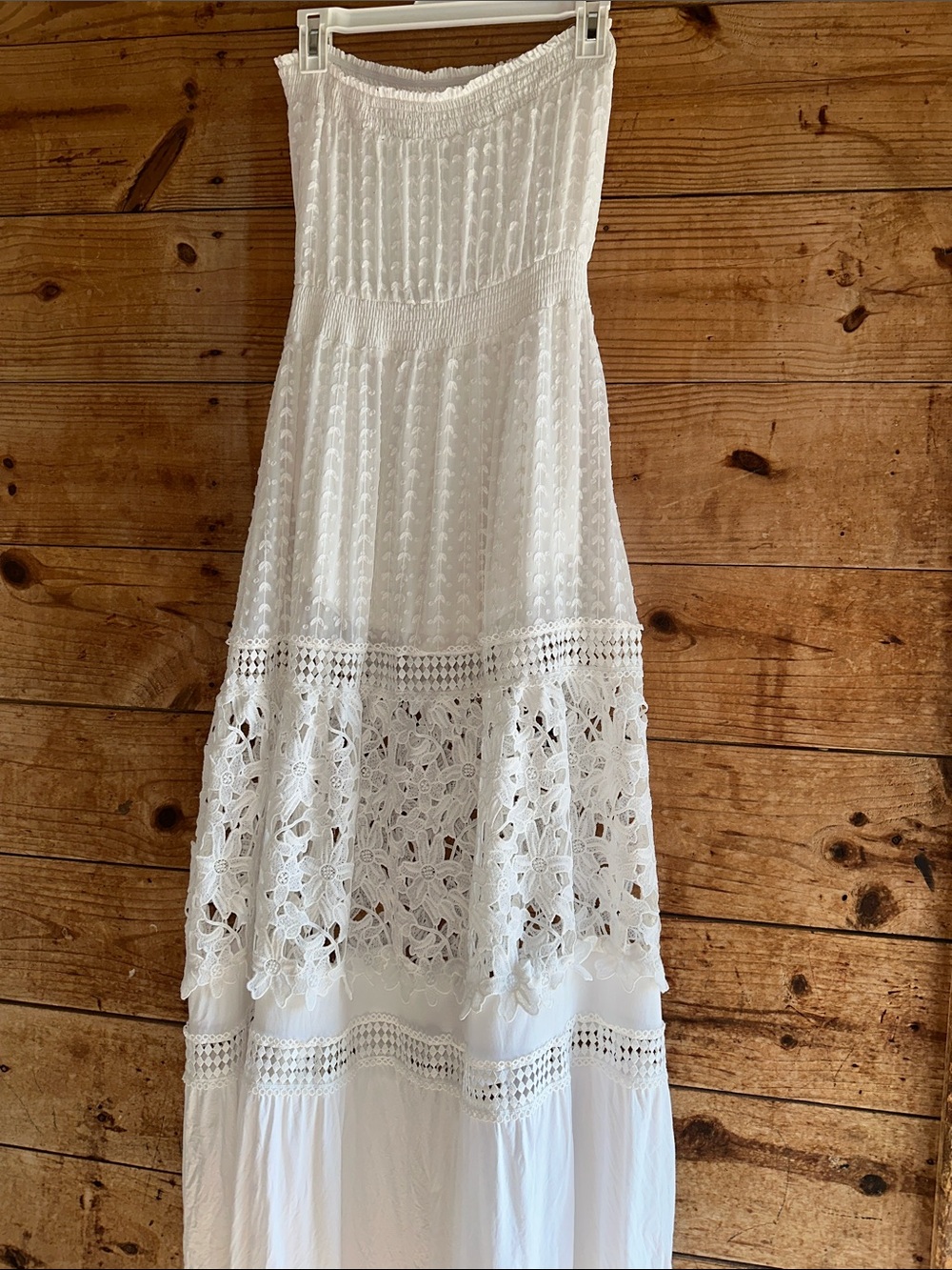 Elegant White Strapless Lace-Detail Maxi Dress